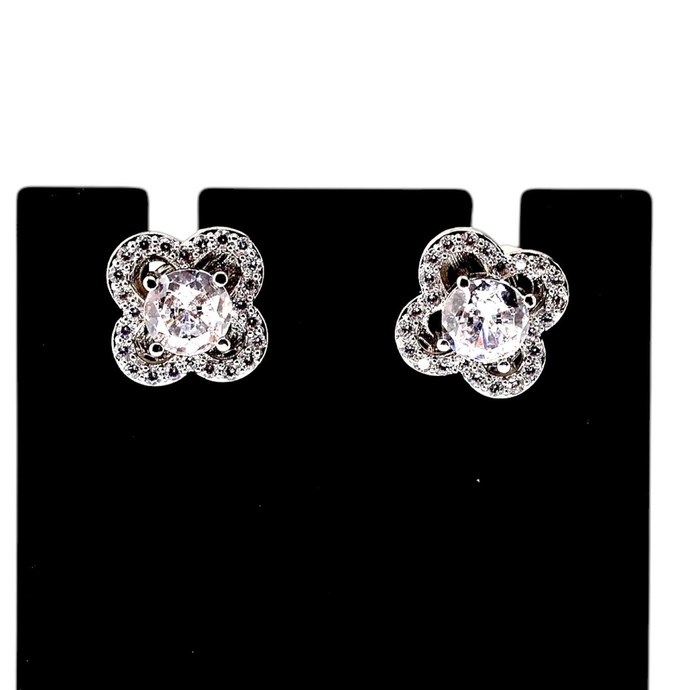 Swarovski Elements Clover Pavé Halo Crystal Stud Earrings Silver Tone New